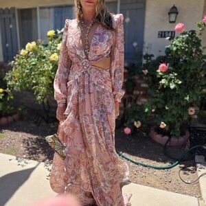 Pink Tiered Ruffled Sundress with Plunge Neckline